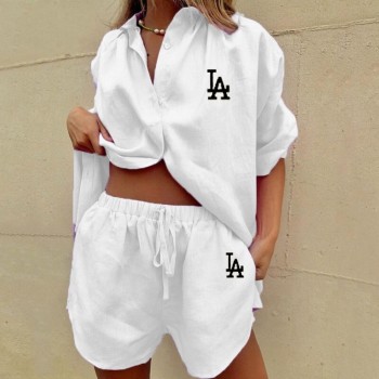 LA Lounge Wear Shorts Set Short Sleeve Shirt Tops And Loose High Waisted Mini Shorts Suit 2 Piece Sets